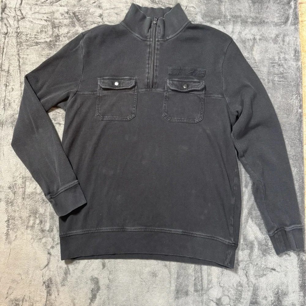 Banana Republic Mens L Black Quarter Zip Pullover Utility Pocket Waffle Knit